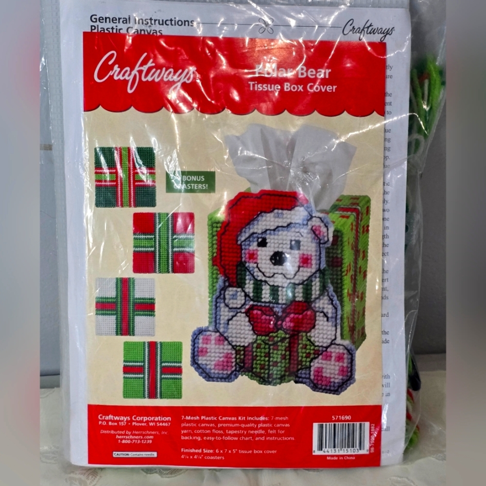 Craftways Plastic Canvas Christmas Teddy Bear Tissue Box N 4 Coasters #571690